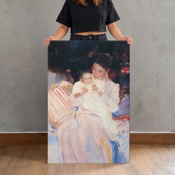 Mother Holding a Baby in a Pink Dress canvas print, held for scale