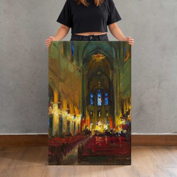 Candlelit Church Interior by Daniel Gerhartz canvas print, held for scale