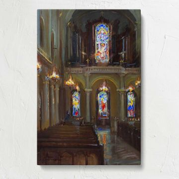 Church Aisle with Stained Glass Windows by Daniel Gerhartz canvas print, front view