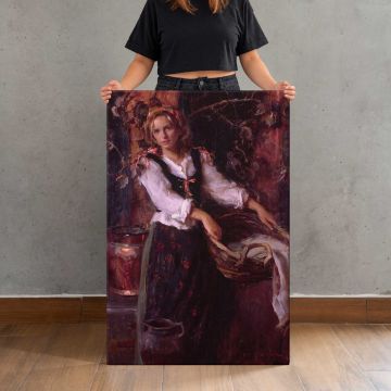 Woman beside a Red Curtain by Daniel Gerhartz canvas print, held for scale