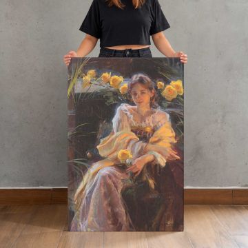 Seated Woman with Yellow Flowers by Daniel Gerhartz canvas print, held for scale