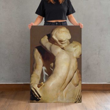 The Kiss detail from behind by Auguste Rodin canvas print, held for scale