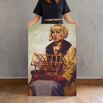 Tweet Tweet Woman Holding a Birdcage by Aaron Coberly canvas print, held for scale