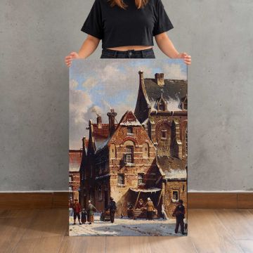 Figures In The Streets Of A Wintry Town by Adrianus Eversen canvas print, held for scale