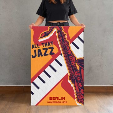 All That Jazz Saxophone and Piano canvas print, held for scale