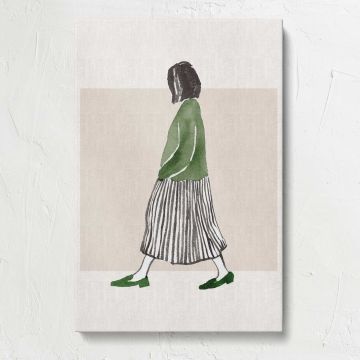 Woman Walking in a Green Jumper canvas print, front view