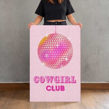 Cowgirl Club Pink Disco Ball canvas print, held for scale