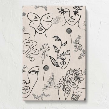 Botanical Faces and Butterflies Line Art canvas print, front view