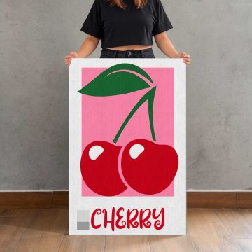 Red Cherries on Pink canvas print, held for scale