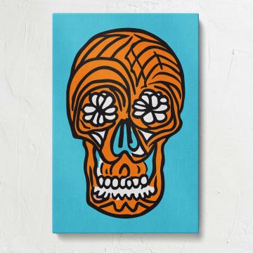 Orange Sugar Skull on Turquoise canvas print, front view
