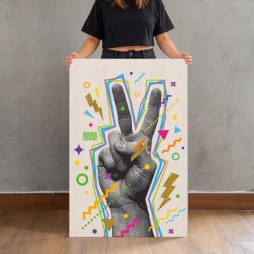 Peace Hand Gesture Colourful Collage canvas print, held for scale