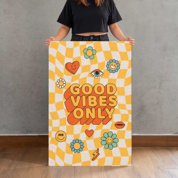 Good Vibes Only Yellow Checkerboard canvas print, held for scale