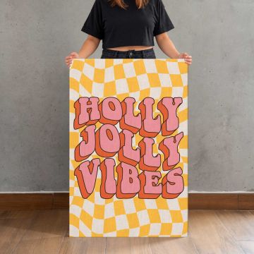 Holly Jolly Vibes Pink and Yellow canvas print, held for scale