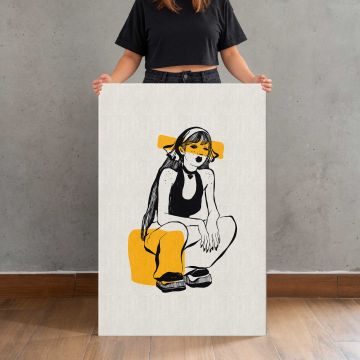 Seated Woman in Yellow Trousers canvas print, held for scale
