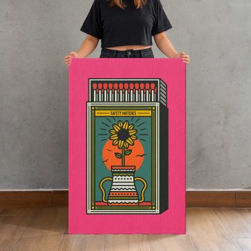 Vintage Sunflower Matchbox on Pink canvas print, held for scale
