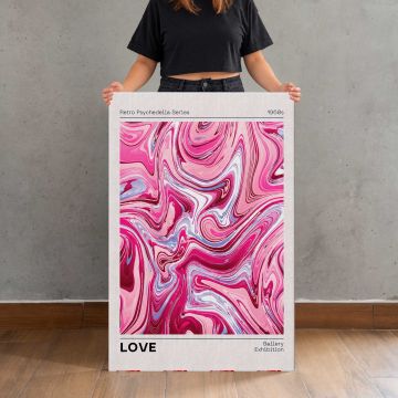 Love Pink Marble Swirls canvas print, held for scale