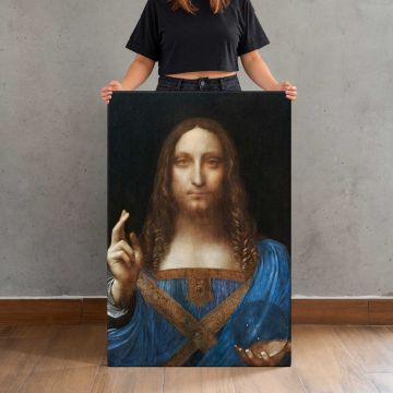 Salvator Mundi by Leonardo da Vinci canvas print, held for scale