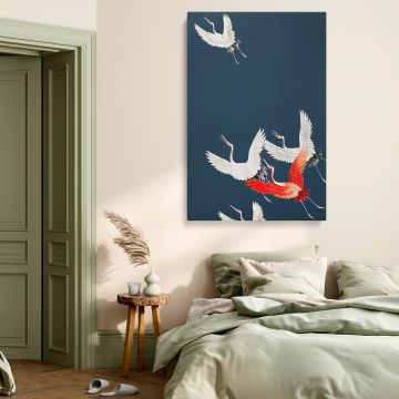 Japanese crane wall art printed on premium fade-resistant canvas, featuring red-crowned cranes soaring gracefully with detailed feathers on a dark blue backdrop, a stunning nature-inspired fine art print perfect for cultural and minimalist decor.