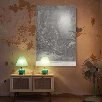 A stunning black and white canvas wall art of the Genesis 2:23 creation of Eve, showing her rise from Adam's side amid divine light and lush paradise, with Gustave Dore's engraving offering spiritual symbolism and timeless beauty.