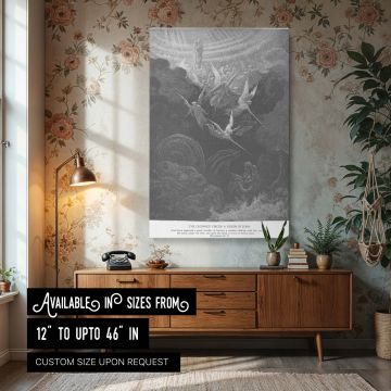 Canvas wall art depicting the crowned Virgin in heaven clothed with the sun, moon under her feet, surrounded by angels and heavenly light as the dragon writhes below, a stunning Gustave Dore engraving of Revelation 12:1 perfect for sacred and dramatic Chr