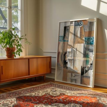 Displaying Pablo Picasso's Guitar and Violin as a canvas wall print, this artwork merges musical themes with abstract architectural shapes and textures. Curves, lines, and shadowed forms interlock in a study of early Cubist innovation. Soft hues like gray