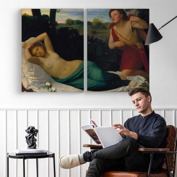 Cupid and Psyche by Alphonse Legros - two-panel canvas displayed in a reading room