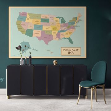 Political Map of USA America Giant World Map US States Atlas Geography Political Canvas Wall Art