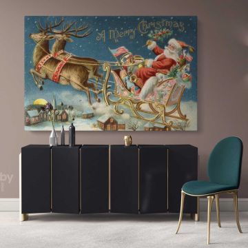 Christmas Santa Claus's Reindeer Village Scene Decor Wall Art Print Painting On Framed Canvas