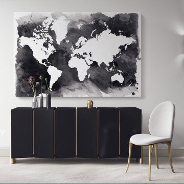 Black With White Water Color World Map Large Canvas Nursery Playroom Wall Art Office Canvas Wall Art