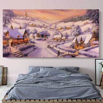 Winter Christmas Vintage Village Scene Holiday Decor Print Painting On Framed Canvas