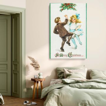 Retro holiday wall art featuring a reproduction of a 1912 Christmas postcard, beautifully illustrated with two children dancing in Victorian-style attire, a timeless piece of festive decor for Christmas enthusiasts who love nostalgic holiday artwork.