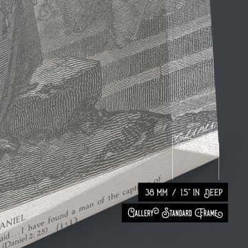 This wall canvas presents Gustave Dore's dramatic scene of Daniel among the exiles in black and white engraving. Daniel, holding a scroll, stands near crumbling architecture with others in quiet reflection. The composition's tone is meditative and somber,