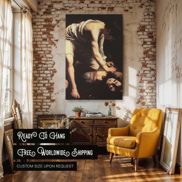 Baroque canvas wall art showing David quietly standing over Goliath's body, painted by Caravaggio in moody lighting and muscular realism, offering a moment of biblical reflection and solemn power for spiritual or classical canvas wall art collectors.