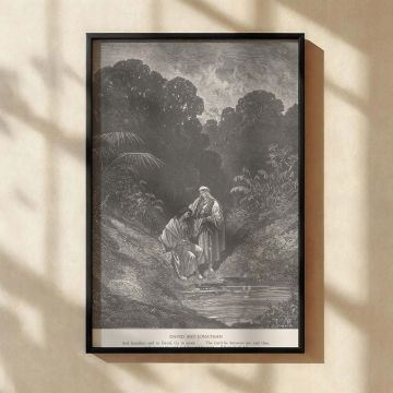 This grayscale canvas wall print features Gustave Dore's depiction of David and Jonathan parting in the wilderness. The moment is emotionally powerful, with David bowed near the water and Jonathan offering reassurance. The foliage and shading evoke sereni