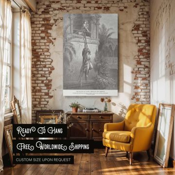 Canvas wall print of Gustave Dore's engraving of David's escape through a window as Michal lowers him with a rope. The dramatic tension between safety and danger is captured in black and white with architectural beauty and emotional intensity. This biblic