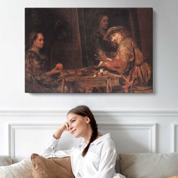 De Self Portrait at an Easel Painting an Old Woman by Aert De Gelder - single-panel canvas displayed above a sofa