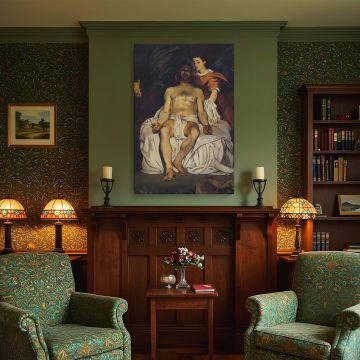 This canvas wall art reproduction of Manet's The Dead Christ with Angels captures the moment after crucifixion, with Christ depicted in a seated pose, eyes closed in eternal rest. His limp body is supported by an angel in striking red and white garments, 