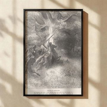Grayscale biblical wall art canvas featuring Gustave Dore's emotional depiction of Absalom's final fate in the Old Testament. The scene shows Absalom's body caught in a tree with soldiers closing in, rendered with dramatic shading and detail. A symbolic p