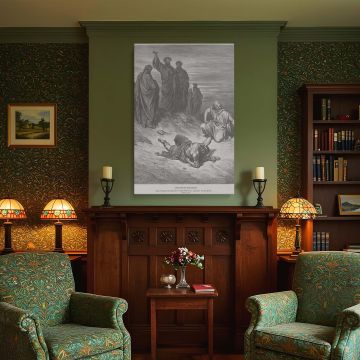 A dramatic and thought-provoking canvas wall art piece featuring the death of Ananias after he lies to the Holy Spirit, captured in powerful engraved detail by Gustave Dore, suitable for faith-focused environments and Bible study areas.