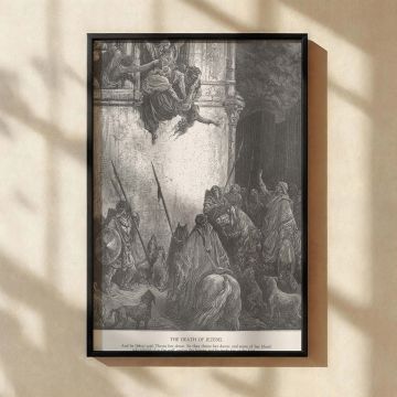 This dramatic black and white canvas wall print of Dore's "The Death of Jezebel" captures the queen mid-fall from her palace window. Attendants throw her downward as soldiers and dogs gather below. The chaotic descent and classical architecture enhance th