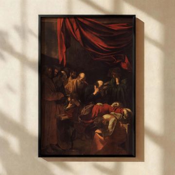 This canvas wall art print captures Caravaggio's moving depiction of the Virgin Mary's death with apostles mourning in dim candlelight, rendered in dramatic contrast and tender detail, making it a deeply spiritual and visually rich canvas wall art additio