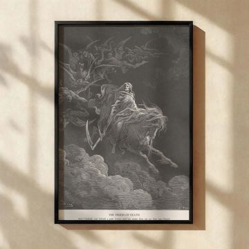 This canvas wall art depicts the terrifying pale horse and its rider Death leading an army of darkness as described in Revelation 6:8, rendered in detailed black-and-white engraving by Gustave Dore, perfect for gothic Christian interiors and prophetic stu