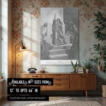 Canvas wall art of Gustave Dore's Deborah Praises Jael engraving featuring the prophetess raising her hand on stone steps surrounded by listeners, symbolizing divine proclamation and honor, ideal for church office or spiritual study room decor.