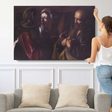 Denial of Peter by Caravaggio - single-panel canvas shown with a person for scale