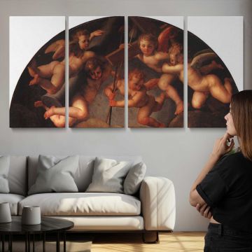 Deposition of Christ by Agnolo Bronzino — three-panel canvas above a sofa