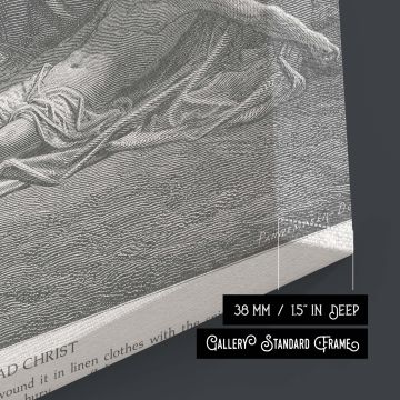 A masterful canvas wall art reproduction of Dore's engraving shows Jesus' body after death with mourners leaning in sorrow, heads bowed in devotion and grief, making this a perfect artwork for solemn Christian meditation spaces.