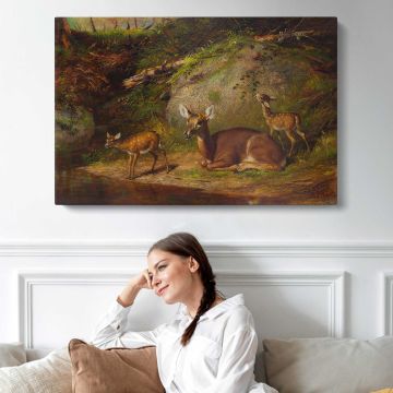 Doe and Two Fawns canvas print, interior display view