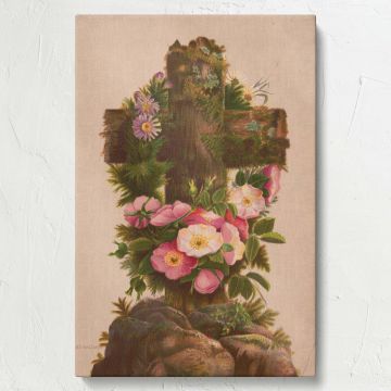 Christian faith-inspired framed cross wall print with floral accents, a high-quality canvas featuring a moss-covered wooden cross with pink and white flowers, perfect for Catholic home decor, church wall decorations, and Easter religious gifts.