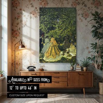 A picturesque forest glade becomes the setting for a refined picnic scene in Claude Monet's work, where women in full gowns and men in hats and coats engage in conversation around a feast laid upon a blanket. The filtered sunlight creates a mosaic of shad