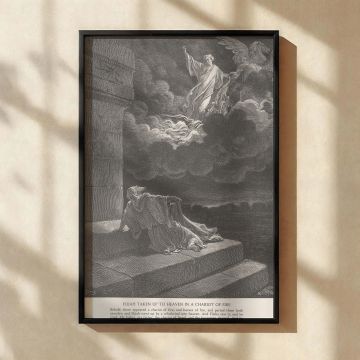 This grayscale canvas print of "Elijah Ascends to Heaven in a Chariot of Fire" by Gustave Dore features an awe-inspiring ascent into the clouds. Elijah stands elevated in a divine chariot with an angel beside him while Elisha kneels in wonder. The etching